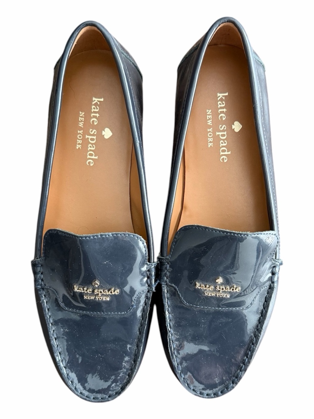 kate spade Navy Patent Leather Loafers with Gold Logo